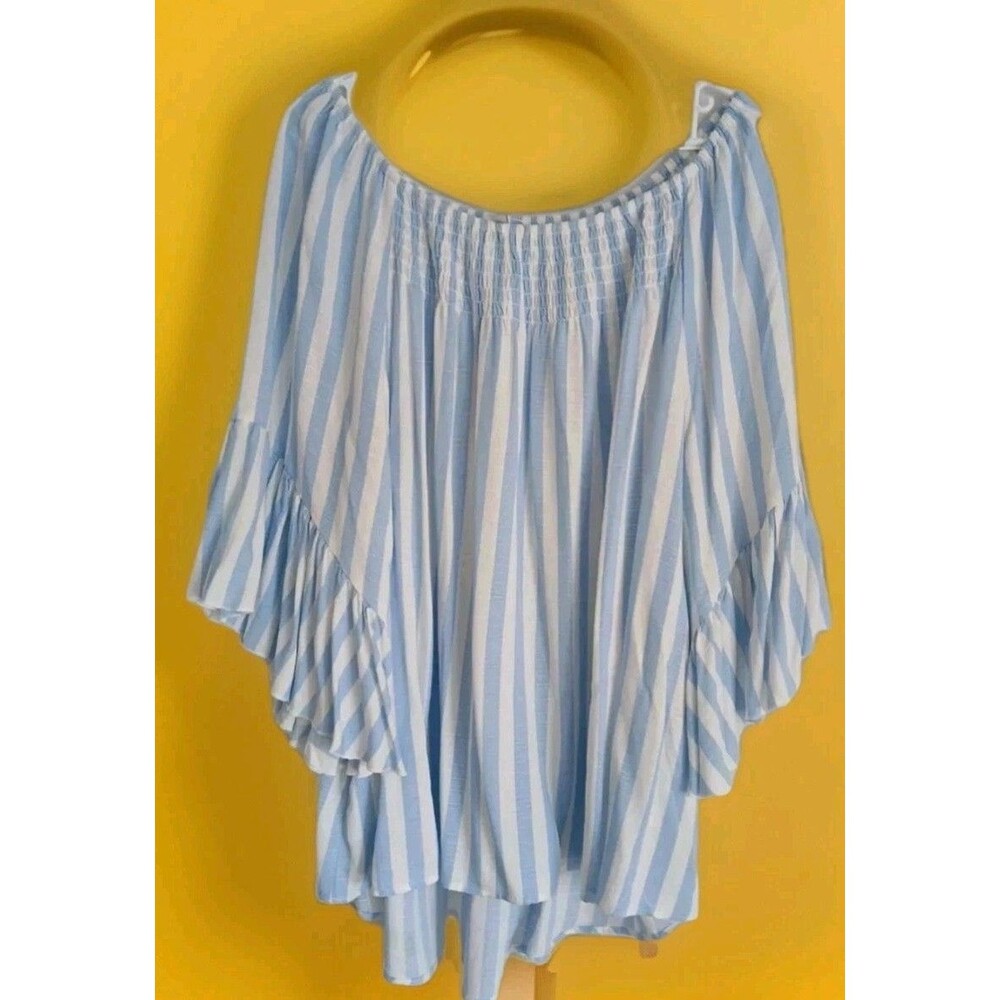 Cato Womens 22/24 Blue/ White Striped 3/4 Bell Sleeve Pleated UPPER Front/BACK